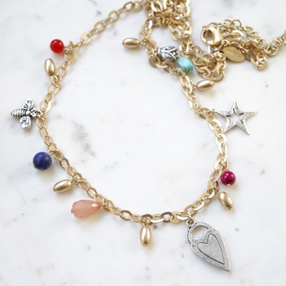 Chico's Long Charm Necklace Heart Star Bee